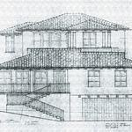 Spanish Colonial concept study.  Home is a terraced two story design, stepping up the site.  Loggia (covered porch) above at master suite at rear of house.  This is not a 3 story design.